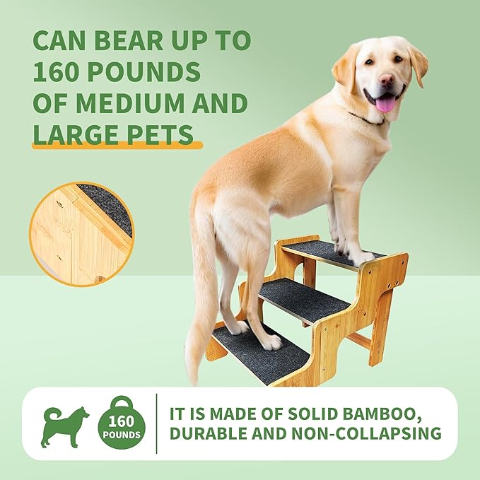 Dog Stairs for Small Dogs,3-Step Bamboo Wooden Dog/Pet/Cat Steps Ramp for Couch Sofa,Bed and Car, Can Support Weighing Up to 160 LB,-PurrikoPets