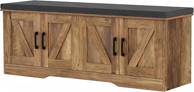 2-Tier Storage Bench, Shoe Bench with Padded Seat Cushion, Entryway Bench with 4 Barn Doors, Adjustable Shelf, 13.8" D x 47.2" W x 17.7" H, for Entryway, Living Room, Bedroom, Rustic Walnut-PurrikoPets