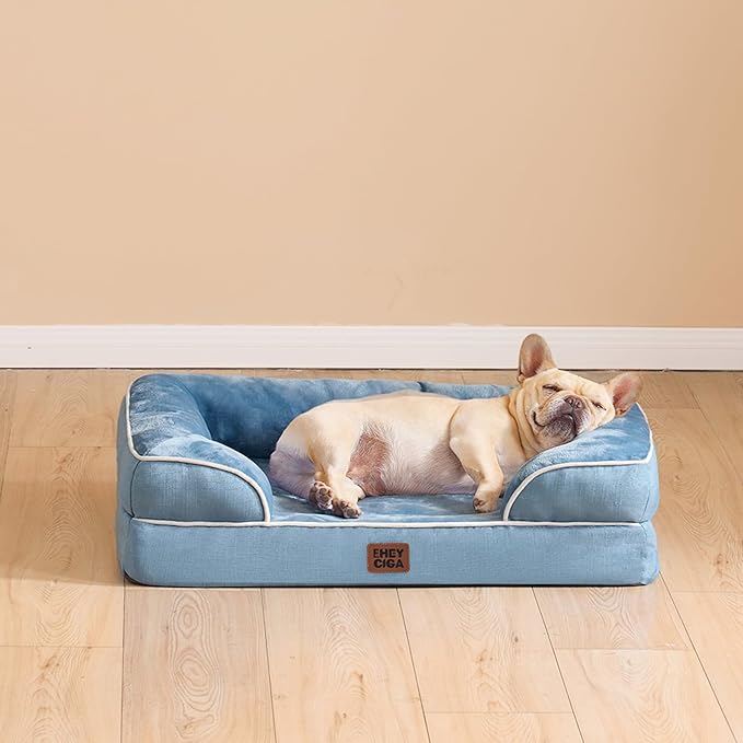 EHEYCIGA Orthopedic Dog Beds for Large Dogs, Waterproof Memory Foam Large Pet Bed with Sides, Non-Slip Bottom and Egg-Crate Foam Dog Couch Bed with Washable Removable Cover, Washed Blue-PurrikoPets