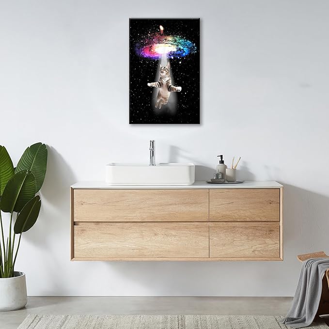 Funny Cat Wall Art Canvas Galaxy Wall Decor Prints Framed Painting Animal Pictures Gifts Artwork for Bathroom Living Dining Kitchen 16"x24"-PurrikoPets