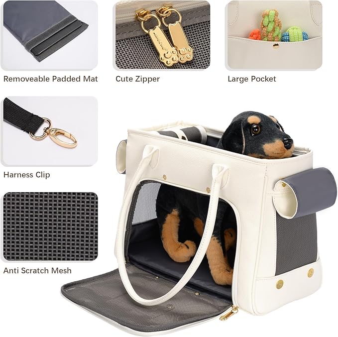 Fashion Pet Carrier Purse for Small Cat and Dog, Luxury Pu Soft-Sided Tote Bag with Large Pockets for Dogs and Puppies (White, 15.8" L x 7.5" W x 11.8" H)-PurrikoPets