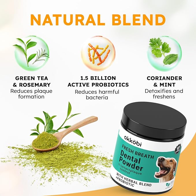 Dog Teeth Cleaning Powder - Dog Breath Freshener + Dental Care for Doggies & Cats + Tartar Remover for Teeth with Natural Ingredients + Probiotics Blend (Mint - 200g)-PurrikoPets
