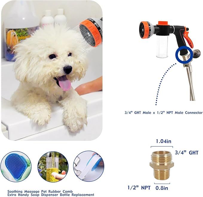 Dog Shower Attachment Water Hose Nozzle Sprayer Set with Metal 3-Way Shower Diverter & 6.6 Ft Long Hose for Bathroom Shower Arm Easy Indoor Outdoor Pet Pup Dog Washing Hose attachment-PurrikoPets