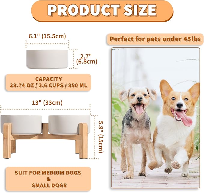 Elevated Ceramic Dog Bowl Set - Raised Dog Bowls with Non-Slip Bamboo Stand - Dog Food and Water Bowl Set - Double Dog Feeding Bowls - Suitable for Small and Medium Dogs - 28.74 OZ - 3.6 CUPS - 850 ML-PurrikoPets