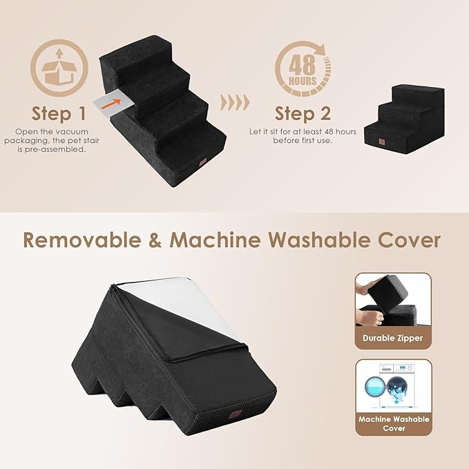 EHEYCIGA Dog Stairs for Small Dogs 13.5" H, 3-Step Dog Steps for Couch Sofa and Chair, Pet Steps for Medium Cats, Non-Slip Balanced Pet Ramp Indoor, Black-PurrikoPets