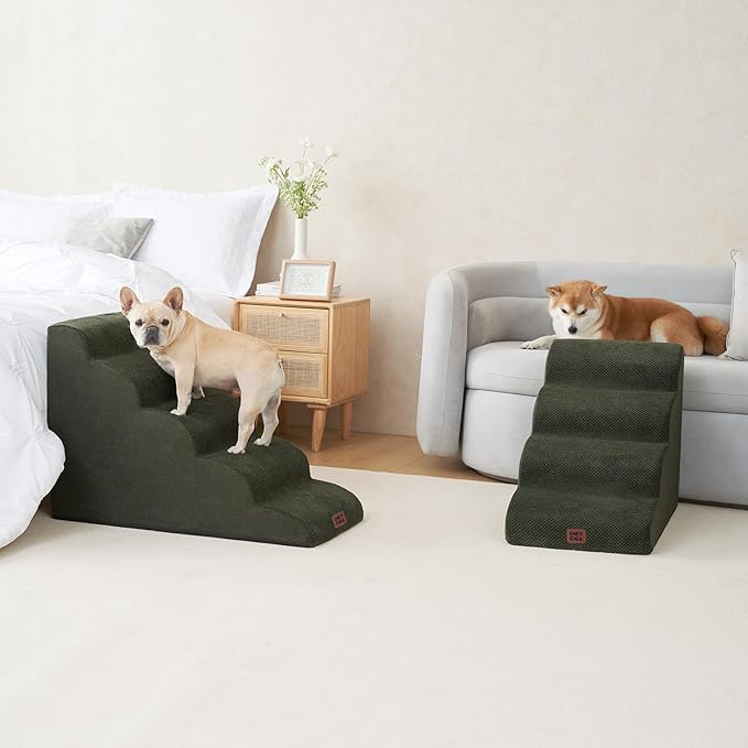 EHEYCIGA Curved Dog Stairs Ramp for High Beds 22.6" H, 5-Step Dog Steps for Small Dogs and Cats, Pet Stairs for High Bed Climbing, Non-Slip Balanced Pet Step Indoor, Olive Green-PurrikoPets