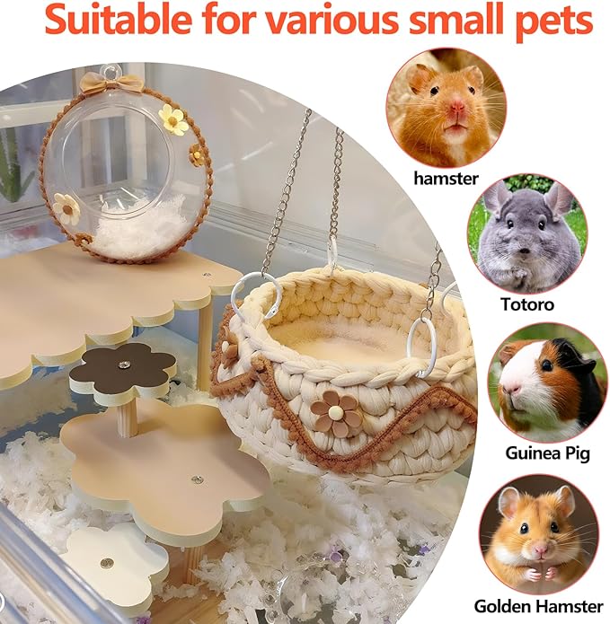 4-Pack Wooden Rat Cage Accessories - Platforms, Ladders & Hammocks Set for Chinchillas, Hamsters, Gerbils (for Iron/Wooden, Acrylic Hamster Cages + Customizable Layout) (9.1x5.6x4.3)-PurrikoPets