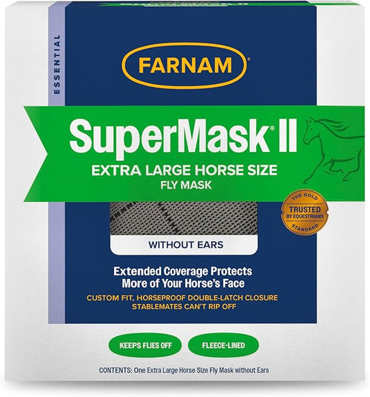 Farnam SuperMask II Fly Mask Without Ears for Larger Horses, Full Face Coverage and Eye Protection from Insect Pests, Structured Classic Styling Mesh with Plush Trim, XL Size-PurrikoPets