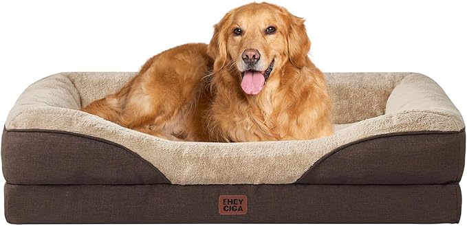 EHEYCIGA Memory Foam XL Dog Bed for XLarge Sized, Extra Large Orthopedic Dog Sofa with Sides and Waterproof Liner, Washable Bolster Pet Couch with Removable Cover, 48x35x7.5 Inch, Brown-PurrikoPets