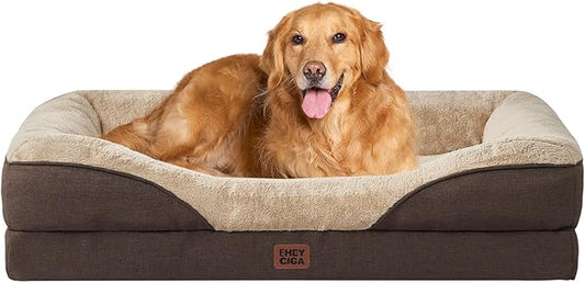 EHEYCIGA Memory Foam XL Dog Bed for XLarge Sized, Extra Large Orthopedic Dog Sofa with Sides and Waterproof Liner, Washable Bolster Pet Couch with Removable Cover, 48x35x7.5 Inch, Brown-PurrikoPets