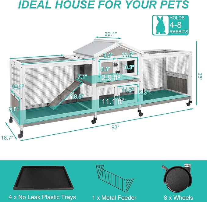 2-Tier Rabbit Hutch with Wheels, Indoor & Outdoor Small Animal Cage with Deep Pull-Out Tray, Anti-Chew Frame, Habitat for Bunny, Guinea Pig, Chinchilla (93" L x 19" W x 35" H)-PurrikoPets