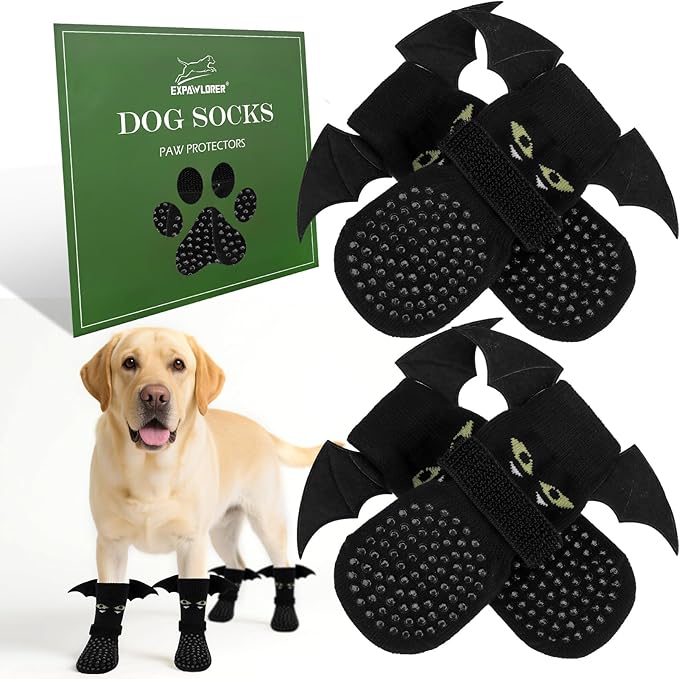 EXPAWLORER Halloween Anti Slip Dog Socks to Prevent Licking Paws, Boots & Paw Protectors with Grippers,Doggie Booties for Hardwood Floors for Small Medium Large Senior Dogs Costume Black Devil Wings L-PurrikoPets