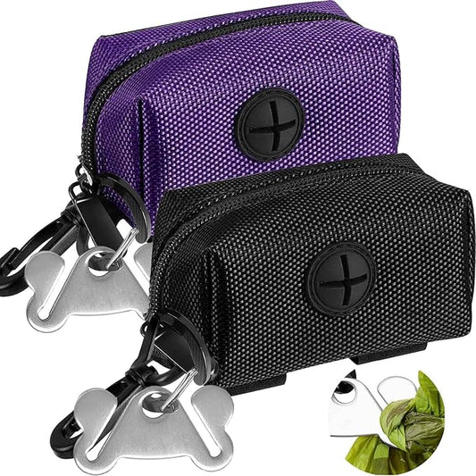 Dog Waste Bag Dispenser Pet Poop Bags Holder for Doggie Waste Bags Dispensers Soft Fabric Zipper Small Doggy Puppy Pouch for Leash Accessory Attachment with Carrier,2PCS Purple&Black-PurrikoPets