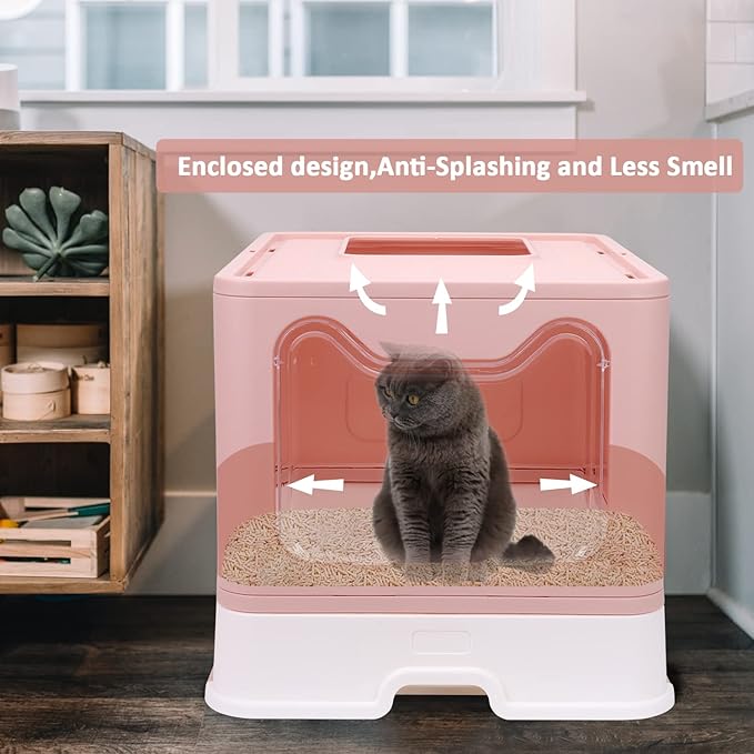 Foldable Cat Litter Box with Lid, Enclosed Potty, Large Top Entry Anti-Splashing Toilet, Easy to Clean Including Litter Scoop and 2-in-1 Cleaning Brush (Pink)-PurrikoPets