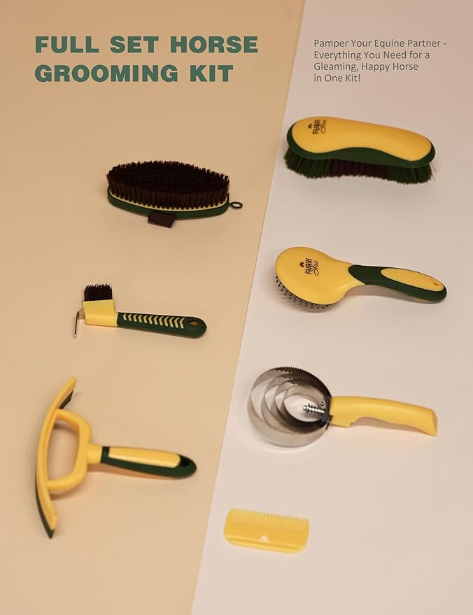 9PCS Horse Grooming Kit Curry Comb Sweat Scraper Horse Bathing Supplies Grooming Tools with Storage Bag Pasture Glow-PurrikoPets
