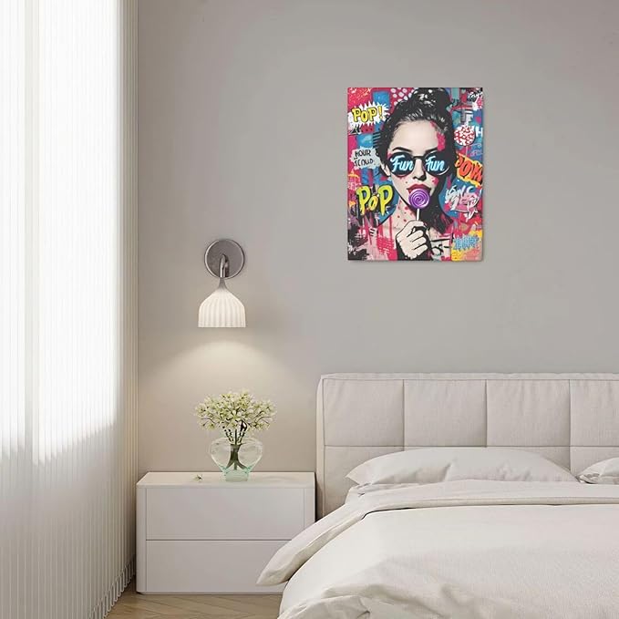 Fashion Women Wall Art Glam Modern Artwork for Girls Banksy Street Graffiti Pop Art Canvas Pictures Painting Print Framed Decorations Gifts for Bedroom Living Room Office 16"x20"-PurrikoPets