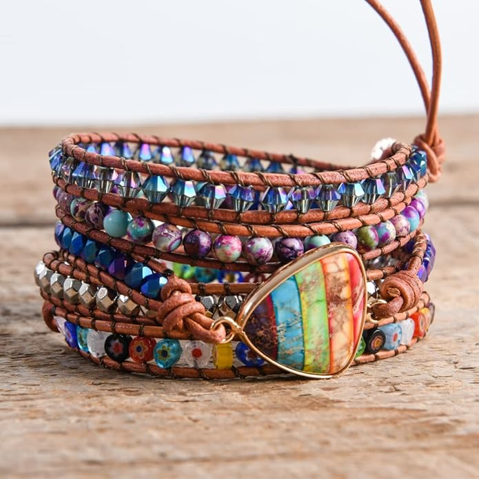 YGLINE Boho Handmade Wrap Leather Tube Crystal Stone Bracelet for Women