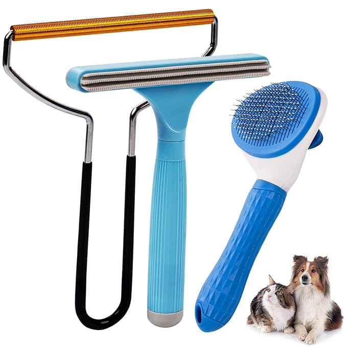 3 in 1 Analan Cat Brush Pet Hair Remover for Dog & Cat, Self-Cleaning Slicker Brush for Pet Grooming, Perfect Pet Hair Removal Tool for Furniture Carpets Couches and Bedding (Sky Blue)-PurrikoPets