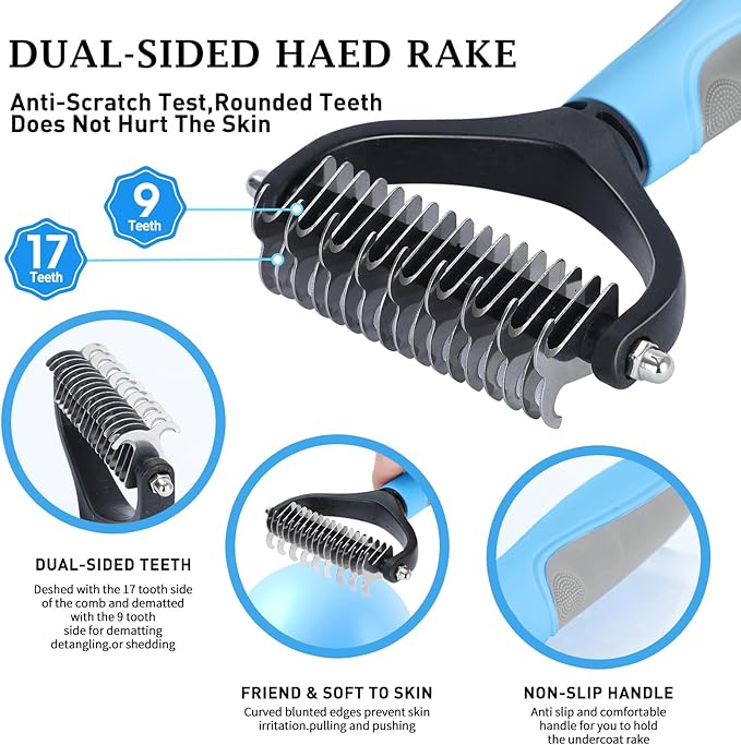 5 PCS Dog Grooming Brush Kit – Self Cleaning Slicker Brush for Shedding Short & Long Haired Dogs & Cats. Removes Loose Fur, Undercoat, Mats, Tangles. Suit for Small, Medium & Large Pets. Blue-PurrikoPets