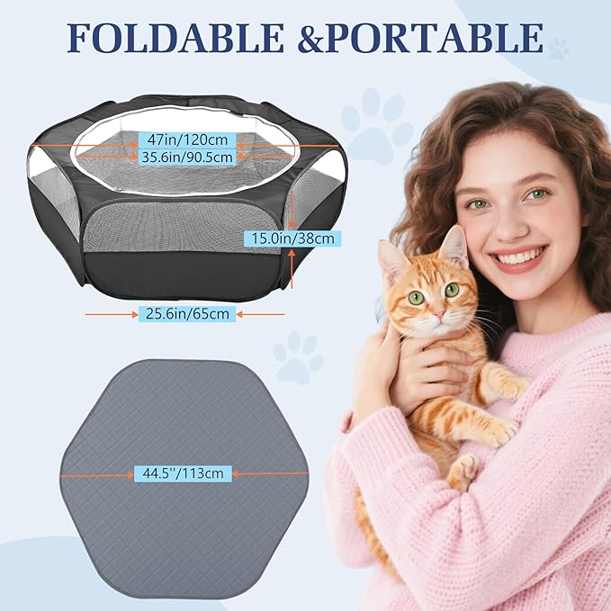 2-in-1 Small Animals Playpen with Pad, Waterproof Small Pet Cage Tent with Reusable Pad, Portable Outdoor Yard Fence with 3 Metal Rod for Chick/Kitten/Puppy/Guinea Pig/Rabbits/Chinchillas, Black-PurrikoPets