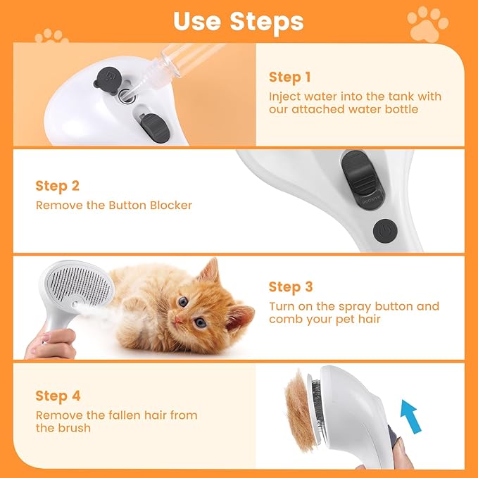 3 In 1 Cat Brush, Anti-Static Dog Brush One-click Self-cleaning Comb for Furry Pet, Rechargeable USB Cat Steam Brush for Shedding, Horse and Dog-PurrikoPets