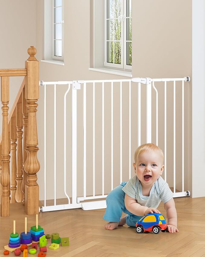 29"-45" Baby Gate for Stairs, Auto Close Stroller Friendly Dog Gate Indoor for Doorways, Pressure Mounted Baby Gate, Easy Walk Through Gate for Children & Pets, White-PurrikoPets