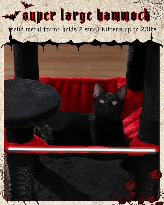 Gothic Cat Tree with Super Large Hammock, 45.7" Black Cat Tower with Coffin Bed, Cat Condo, Sisal Scratching Posts & Top Perch, Multi-Level Goth Cat Tree, Halloween, Black-PurrikoPets