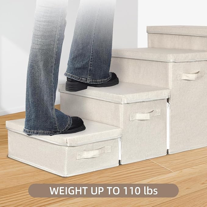 Dog Stairs with Storage, 4-Step Folding Pet Steps for Small Dogs and Cats, Pet Steps Storage with Zip, Pet Stairs for High Bed, Couch and Car Ramp (Beige, 4 Steps no Condo)-PurrikoPets