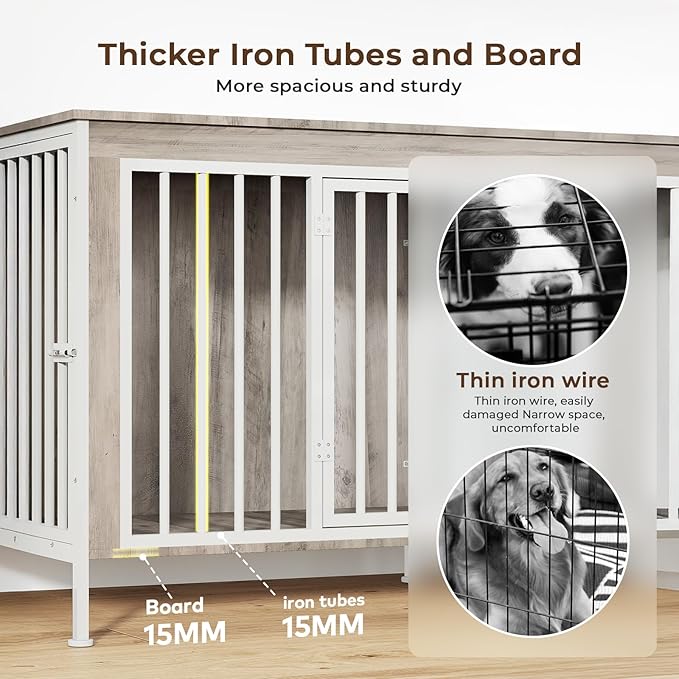 78 Inch Dog Cage Furniture for 2 Large/Medium Dogs with Removable Divider, Extra Large Double Doors Dog Kennel, XXL Thick Wooden Dog cage Furniture, Durable and Sturdy, Beige-PurrikoPets