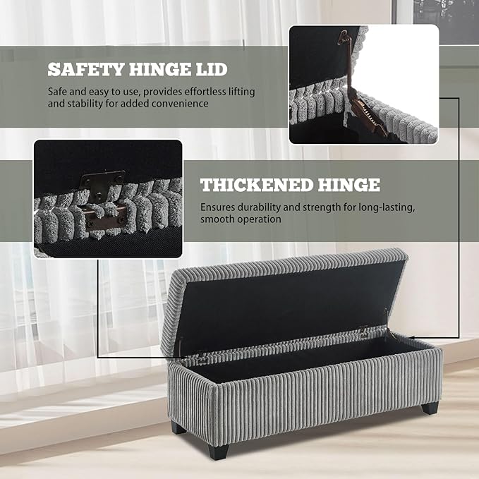 48" Ottoman with Storage, Corduroy Storage Ottoman Bench for Bedroom, End of Bed Bench with Safety Hinge for Living Room, Bedroom, Entryway, Grey-PurrikoPets