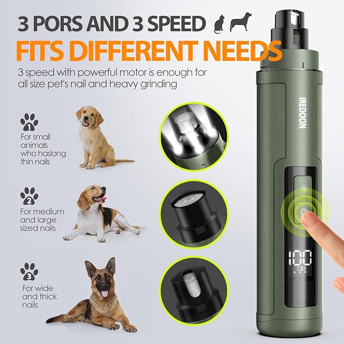 Dog Nail Grinder Upgraded - Professional 3-Speed Super Quiet and Low Vibration Electric Pet Nail Grinder with 4 LED Lights - Painless Paws Grooming & Smoothing for Small to Large Dogs (Green)-PurrikoPets