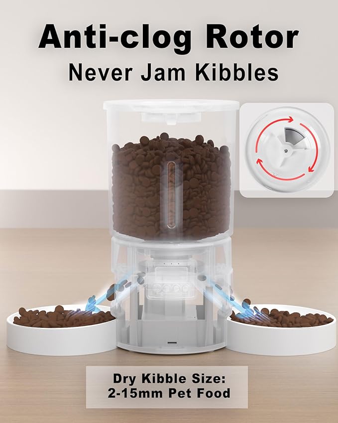 Dual Automatic Cat Feeder 2 Cats,6 Meals/Day,12 Portions/Meal,4.2L Dual Power Double Bowls Feeder,Dry Food Auto Pet Dispenser,10S Voice Record,Flexible Schedule Timer (White,Basic Dual Bowls)-PurrikoPets