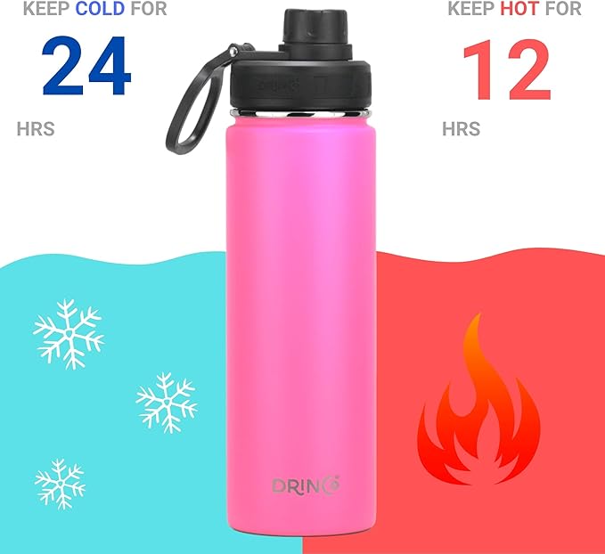DRINCO Stainless Steel Water Bottle Spout Lid Vacuum Insulated Double Wall Water Bottle Wide Mouth (40oz 32oz 22oz 18oz 14oz) Leak Proof Keep Cold Sport Camping Hiking (22 oz, 22oz Island Pink)-PurrikoPets