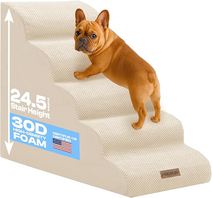 Dog Stairs for High Beds, Extra Tall 24.5" 5-Step Pet Steps for Medium & Small Dogs, Foam Ramp for Tall Couch & Bed, Washable Cover - Dog Steps for Bed-PurrikoPets
