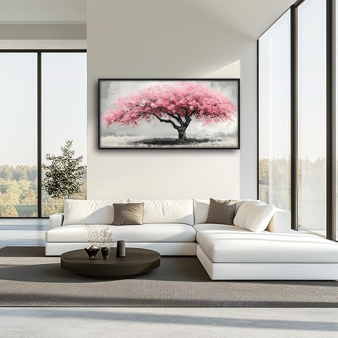 Extra Large Framed Pink Tree Wall Art,Abstract Tree of Life Wall Decor,Pink and Grey Pictures for Living Room,Canvas Print Painting Modern Artwork Bedroom Office Bathroom Home Decor 60L x30W-PurrikoPets