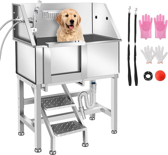Dog Washing Station 38'' Stainless Steel Pet Grooming Tub for Large Dogs Over-Size Professional Dog Grooming Bathtub Station Wash Shower Sink Pet Grooming Bathtub Station-PurrikoPets