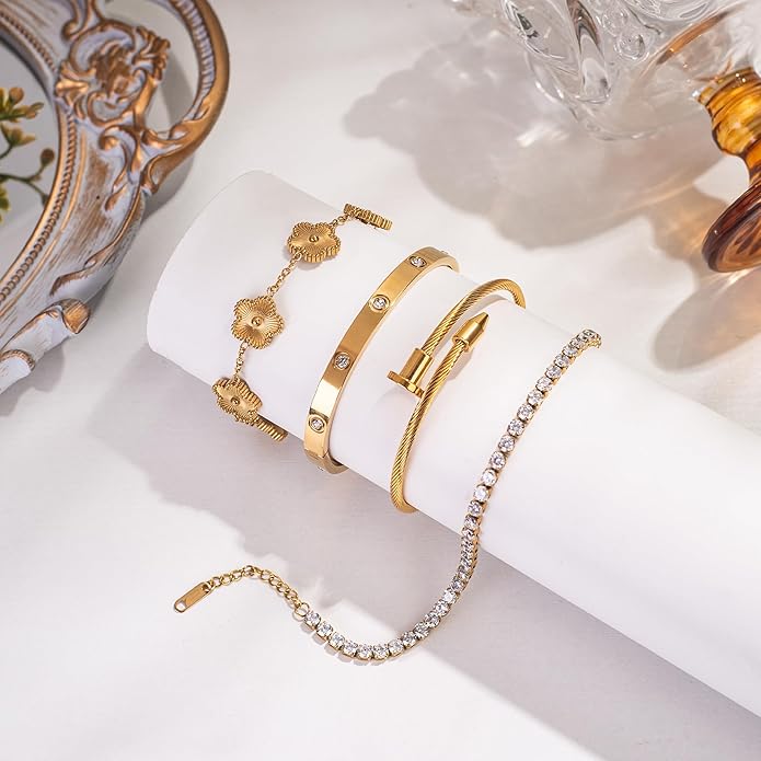 18K Gold Plated Nail Love Bangle Bracelet Set for Women Stackable Floral Clover Adjustable Tennis Bracelet Non Tarnish Gift Jewelry for Christmas Valentines Birthday Mother's Day