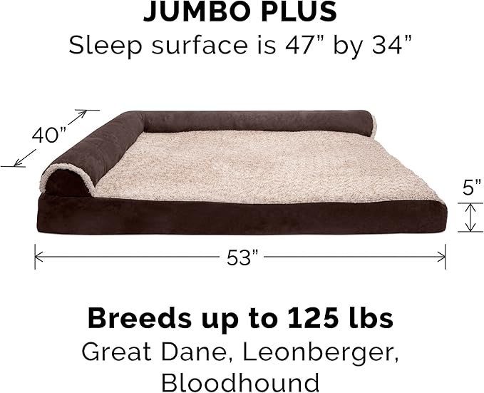 Furhaven Cooling Gel Dog Bed for Large Dogs w/ Removable Bolsters & Washable Cover, For Dogs Up to 125 lbs - Two-Tone Plush Faux Fur & Suede L Shaped Chaise - Espresso, Jumbo Plus/XXL-PurrikoPets