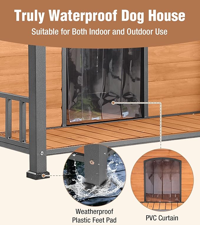 Extra Large Dog House Outdoor for Large Dogs, Insulated Dog House with Metal Frame, Waterproof Dog Shelter with Asphalt Roof, PVC Curtain & Multifunctional Patio, Indoor Outdoor Use-PurrikoPets