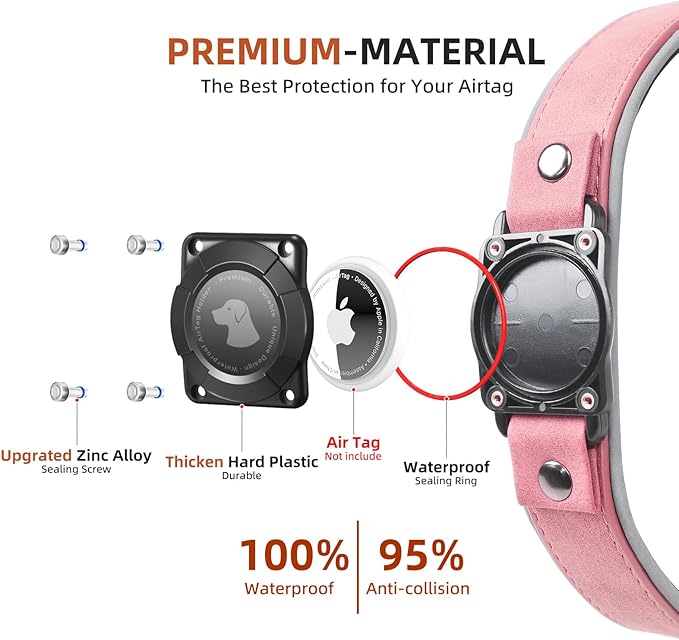 AirTag Dog Collar - Leather Dog Collar with Air Tag Holder | IPX8 Waterproof, Reflective, High - End, Adjustable Soft Padded | Dog GPS Tracker Collars Fit for Medium Large Dogs (Pink, M(12.5"-17.3"))-PurrikoPets