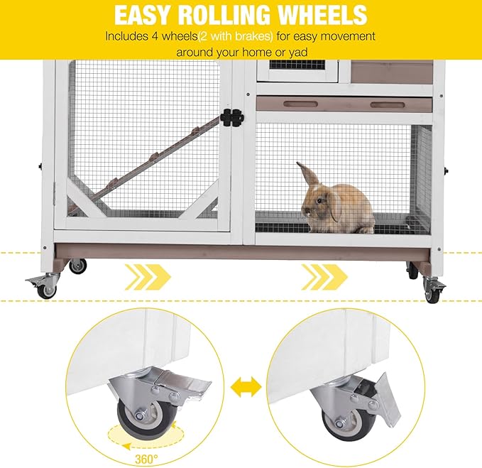 Aivituvin Rabbit Cage Indoor Outdoor Bunny Hutch on Wheels, 2 Story Wood Guinea Pig Cages with 2 Deeper Pull Out Trays-PurrikoPets