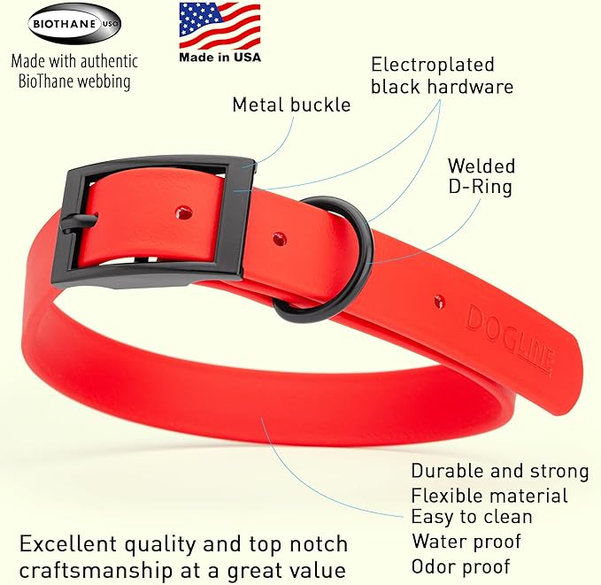 Dogline Biothane Waterproof Dog Collar Strong Coated Nylon Webbing with Black Hardware Odor- Proof for Easy Care Easy to Clean High Performance Fits Small Medium or Large Dogs, Cherry Red-PurrikoPets