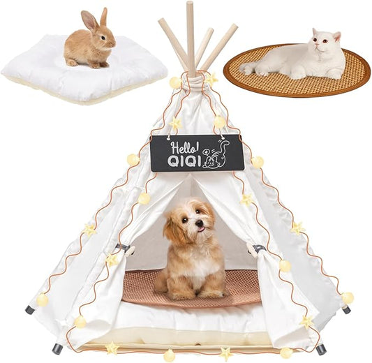 16" Dog& Cat Teepee Tent +20" Pet Cooling Mat +10ft Star String Light [2-Modes],Cotton Thicked Soft Comfort Anti-Slip Cushion (Used/Wash Separately), Small Pets Tents House Indoor or Outdoor-PurrikoPets