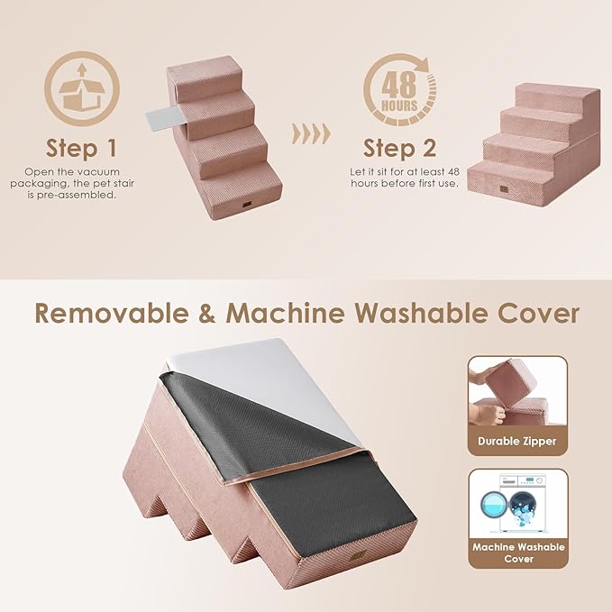 EHEYCIGA Dog Stairs for Bed 20" H, 4-Step Extra Wide Dog Steps for High Bed, Pet Steps for Small Dogs and Cats, Non-Slip Balanced Pet Ramp Indoor, Pink-PurrikoPets