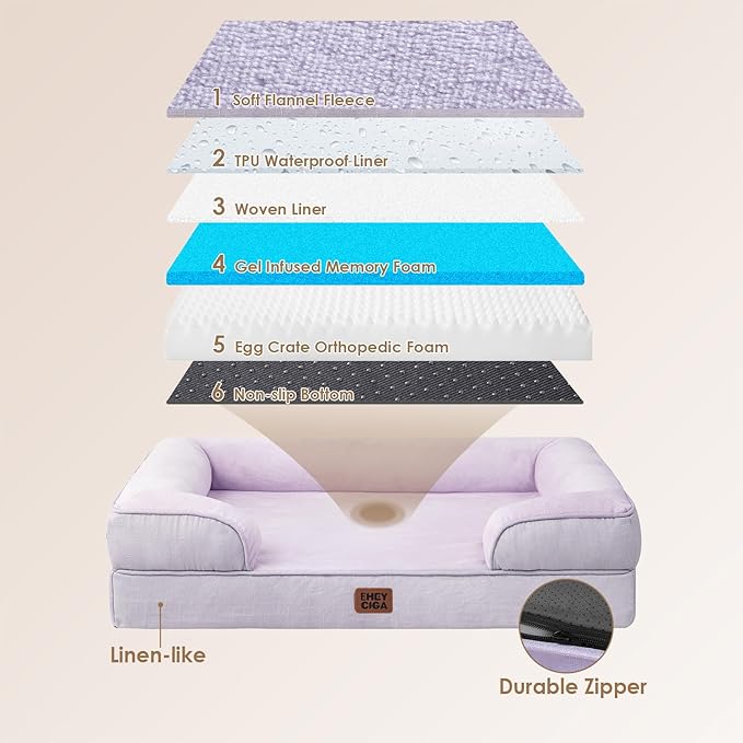 EHEYCIGA Orthopedic Dog Beds for Extra Large Dogs 44x32Inch, Waterproof Memory Foam XL Pet Bed with Sides, Non-Slip and Egg-Crate Foam Big Dog Couch Bed with Washable Removable Cover, Lilac-PurrikoPets