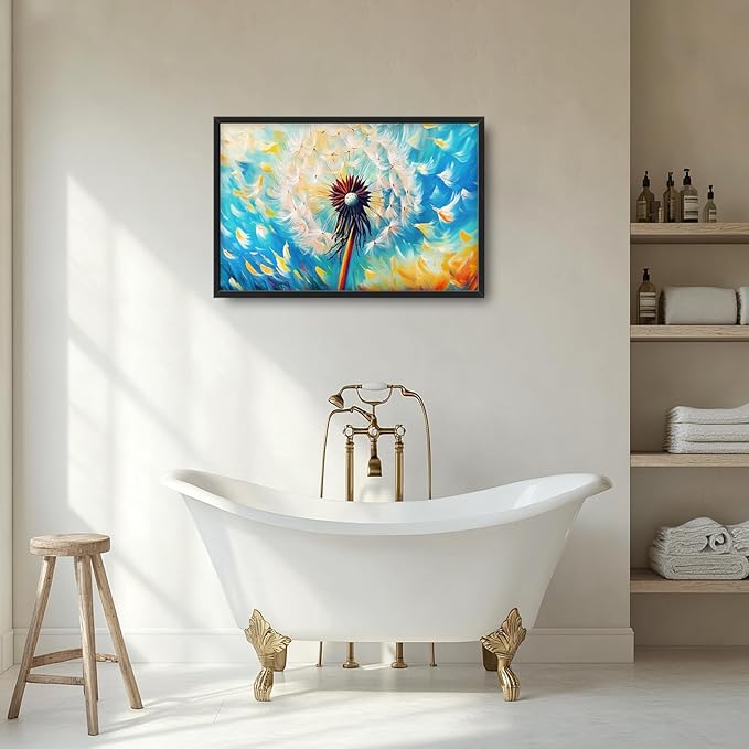 Extra Large Abstract Dandelion Framed Wall Art for Living Room,Oversized Colorful Dandelion Flower Pictures Wall Decor,Blue Canvas Print Painting Modern Artwork Bedroom Office Bathroom 36L" x 24W"-PurrikoPets