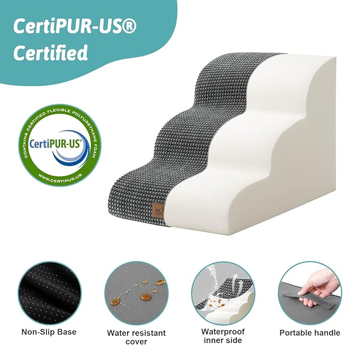 Dog Stairs for Small Dogs 15.7" H, Curved Dog Step for Puppy, Older Cat, Medium Pet Ramp for Sofa, Couch or Chair, Ladder with High Density Foam, 15.7x22.4x15.7 inch, 3 Step, Dark Grey-PurrikoPets