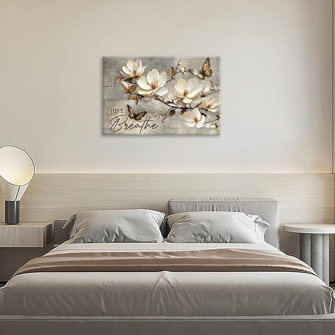 Floral Magnolia Bathroom Pictures Wall Art, Just Breathe Bathroom Wall Decor, Flower Butterfly Framed Painting Canvas Artwork for Bedroom Living Room Decorations 24"L x 16"W-PurrikoPets