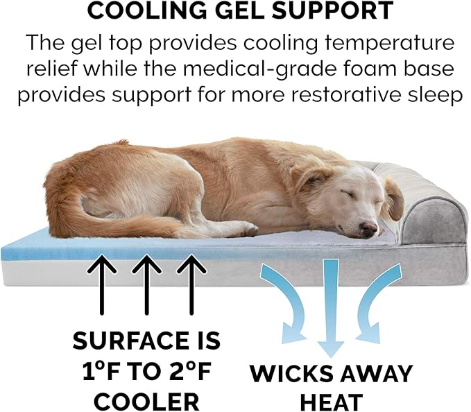 Furhaven Cooling Gel Dog Bed for Large/Medium Dogs w/ Removable Bolsters & Washable Cover, For Dogs Up to 55 lbs - Faux Fur & Velvet Sofa - Smoke Gray, Large-PurrikoPets