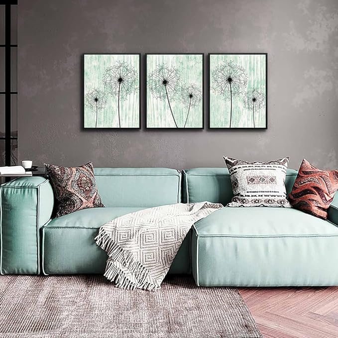 AHUASJART Black Framed Wall Art for Living Room Wall decor for Bedroom Room Decor light green background Pictures Dandelion Paintings posters kitchen Home Decorations 3 Piece Framed Prints Artworks-PurrikoPets
